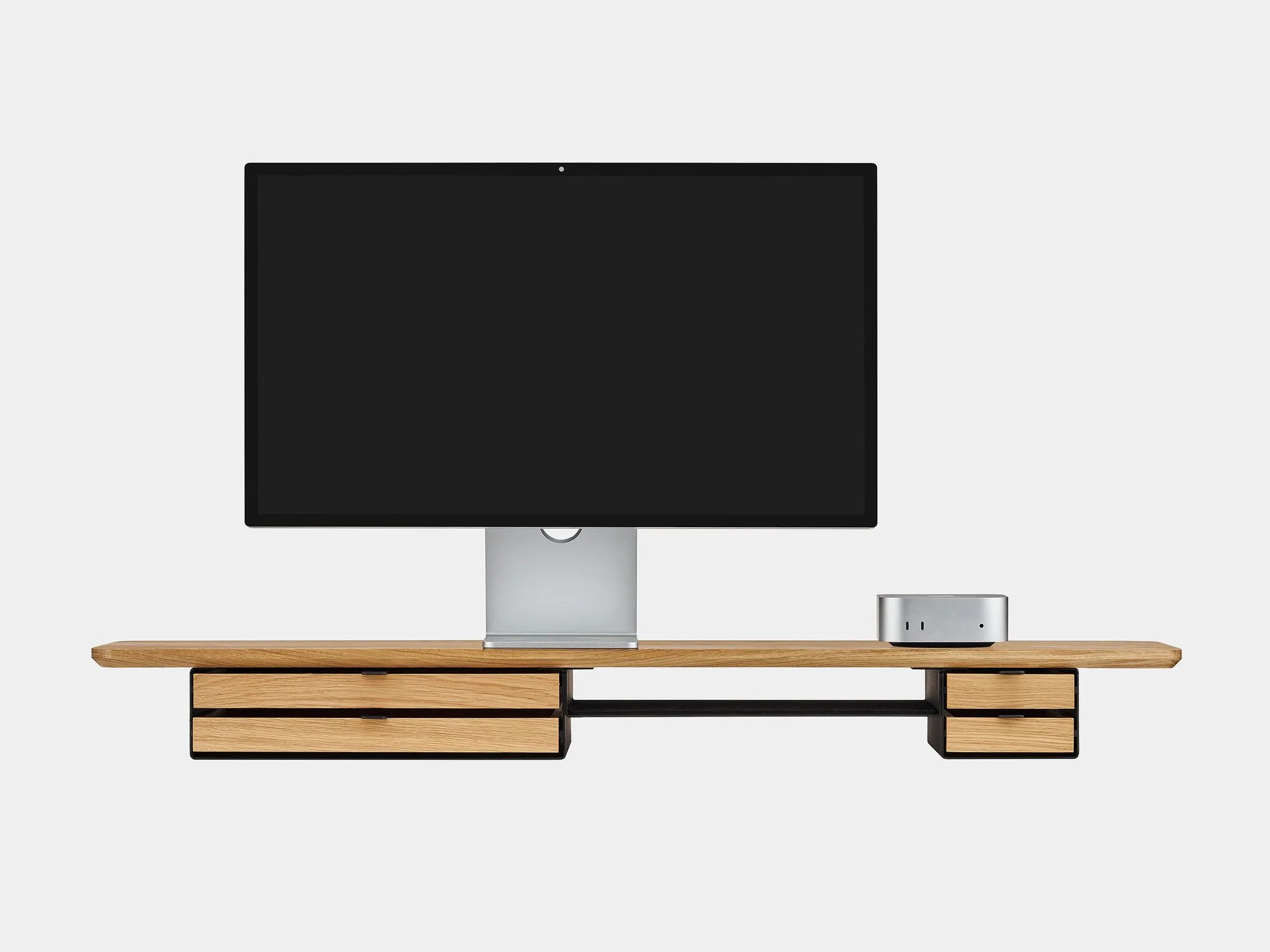 Oak Deskshelf Pro with a monitor on a grey background