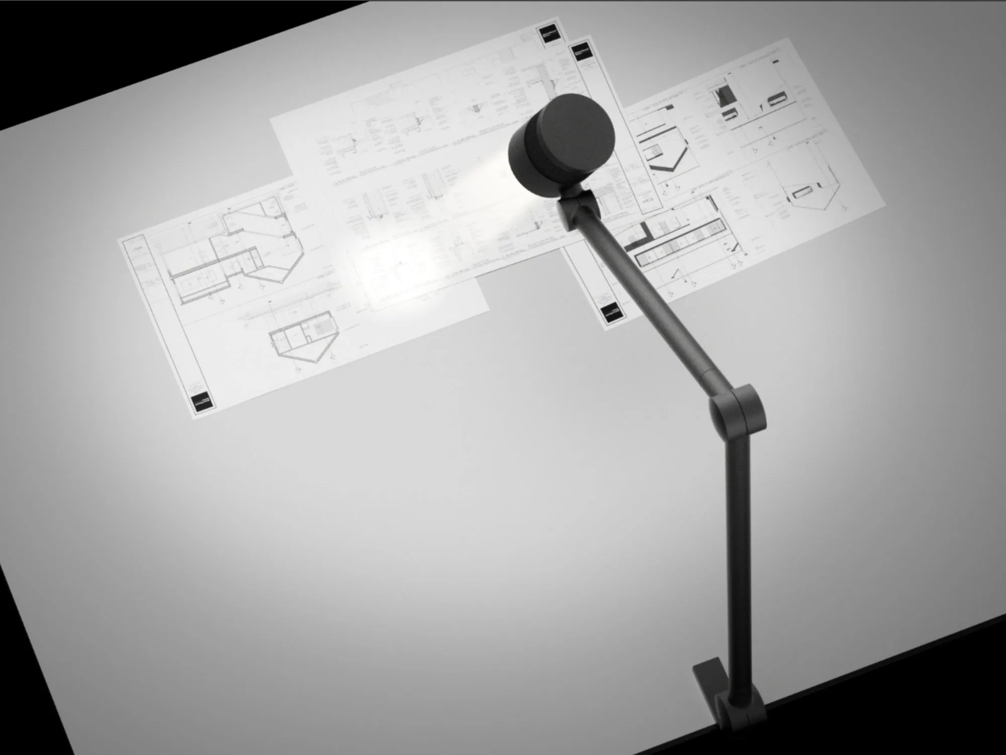 FOCAL lamp lighting technical drawings on a table